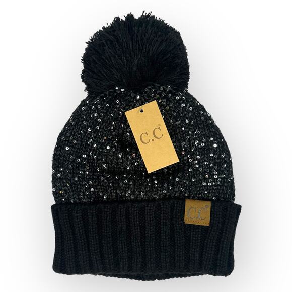 C.C NWT Fuzzy Lined Scatter Sequin Cuffed Pom C.C Beanie Black Bling Winter - Picture 1 of 6